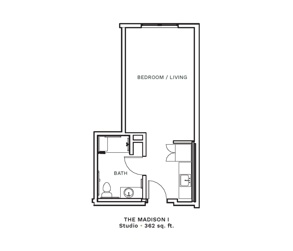 Layout of "The Madison I" - studio with 362 sq. ft.