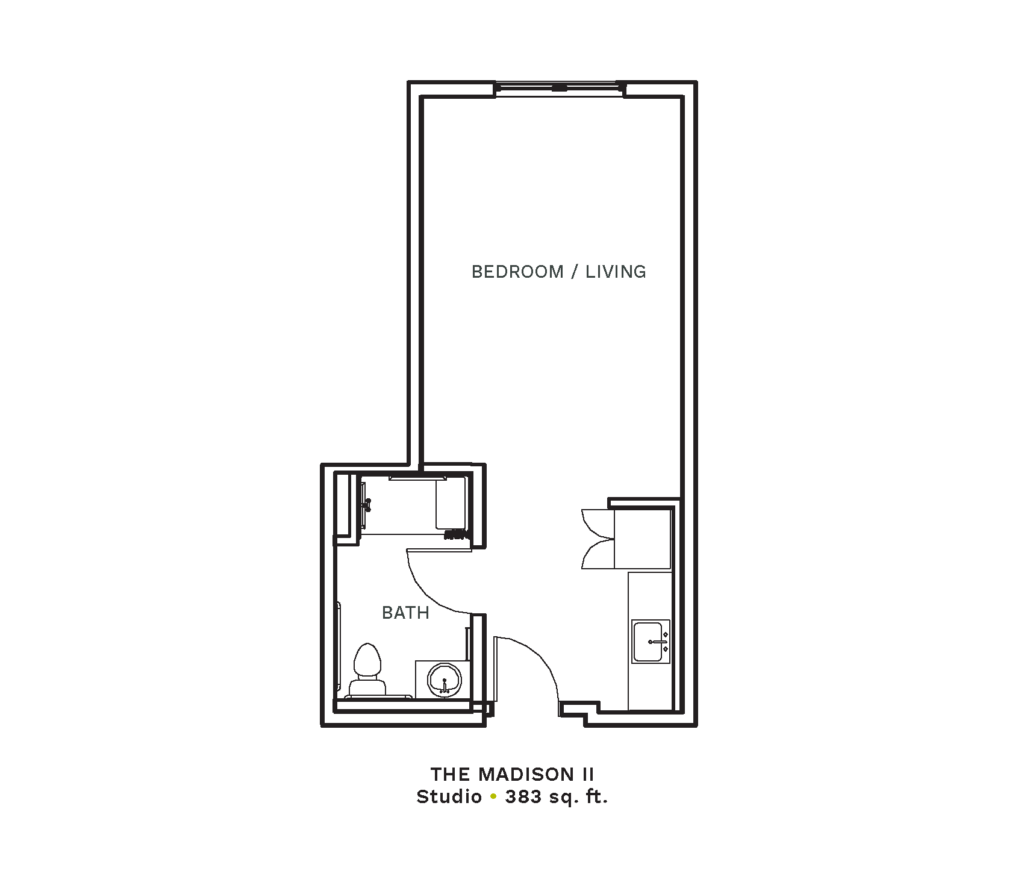 Layout of "The Madison II" - studio with 383 sq. ft.