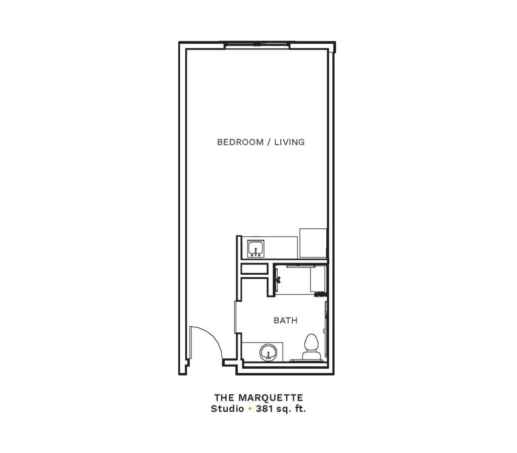 Layout of "The Marquette" - studio with 381 sq. ft.