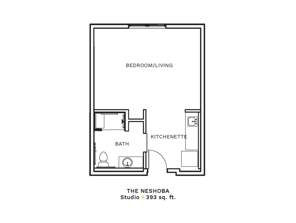 Layout of "The Neshoba" - studio with 393 sq. ft.