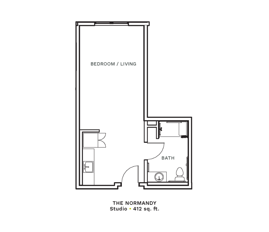 Layout of "The Normandy" - studio with 412 sq. ft.