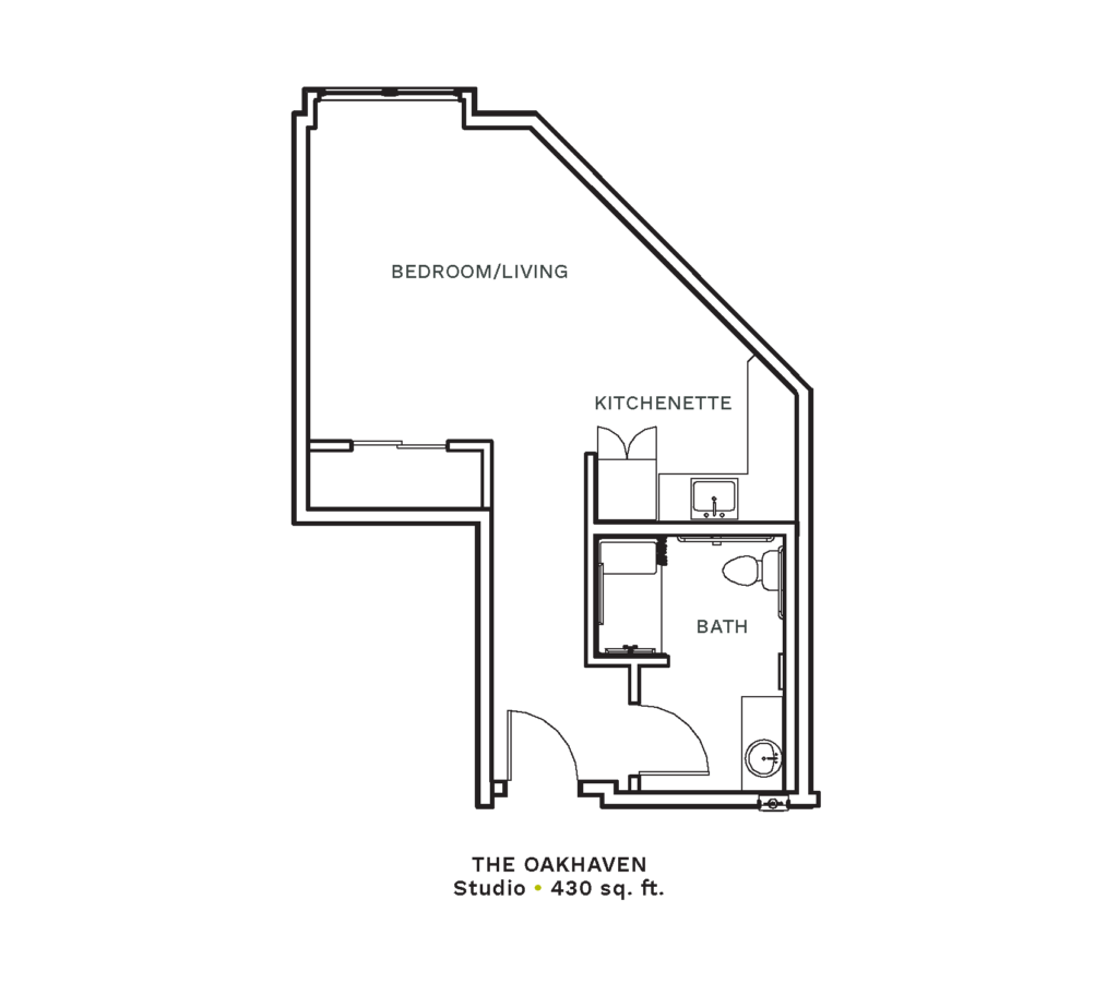 Layout of "The Oakhaven" - studio with 430 sq. ft.