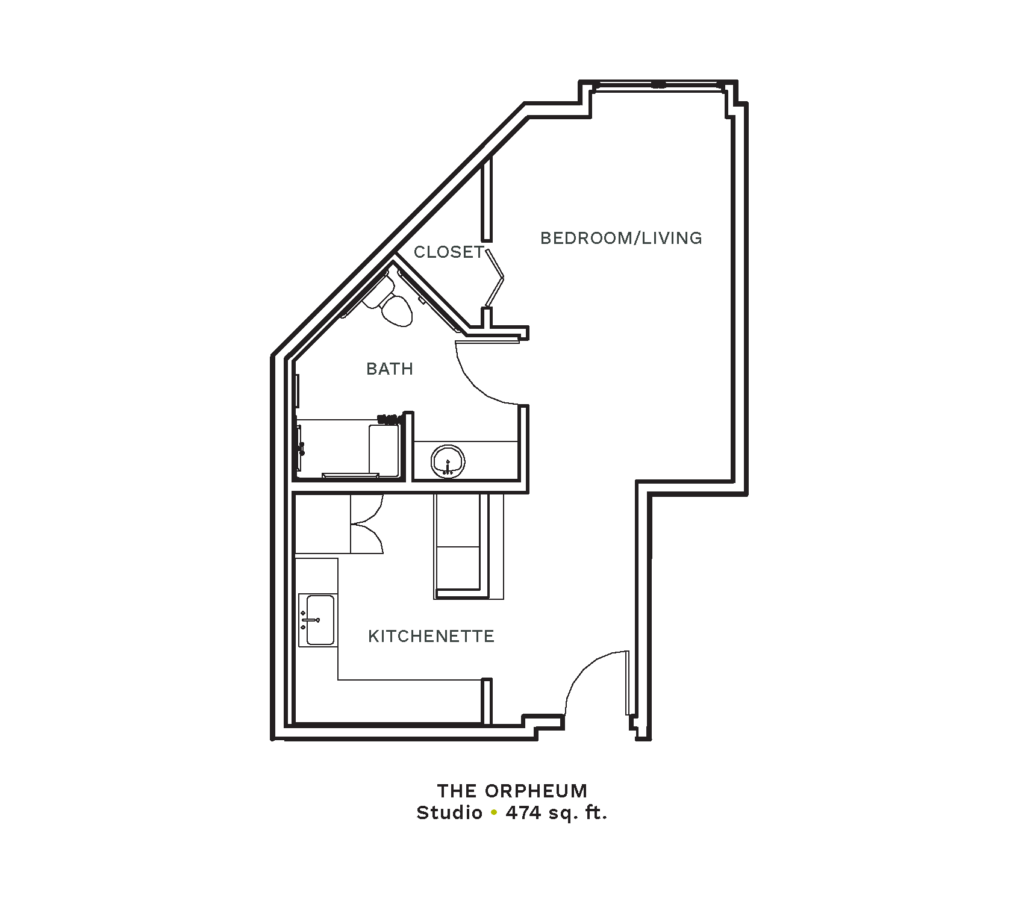 Layout of "The Orpheum" - studio with 474 sq. ft.