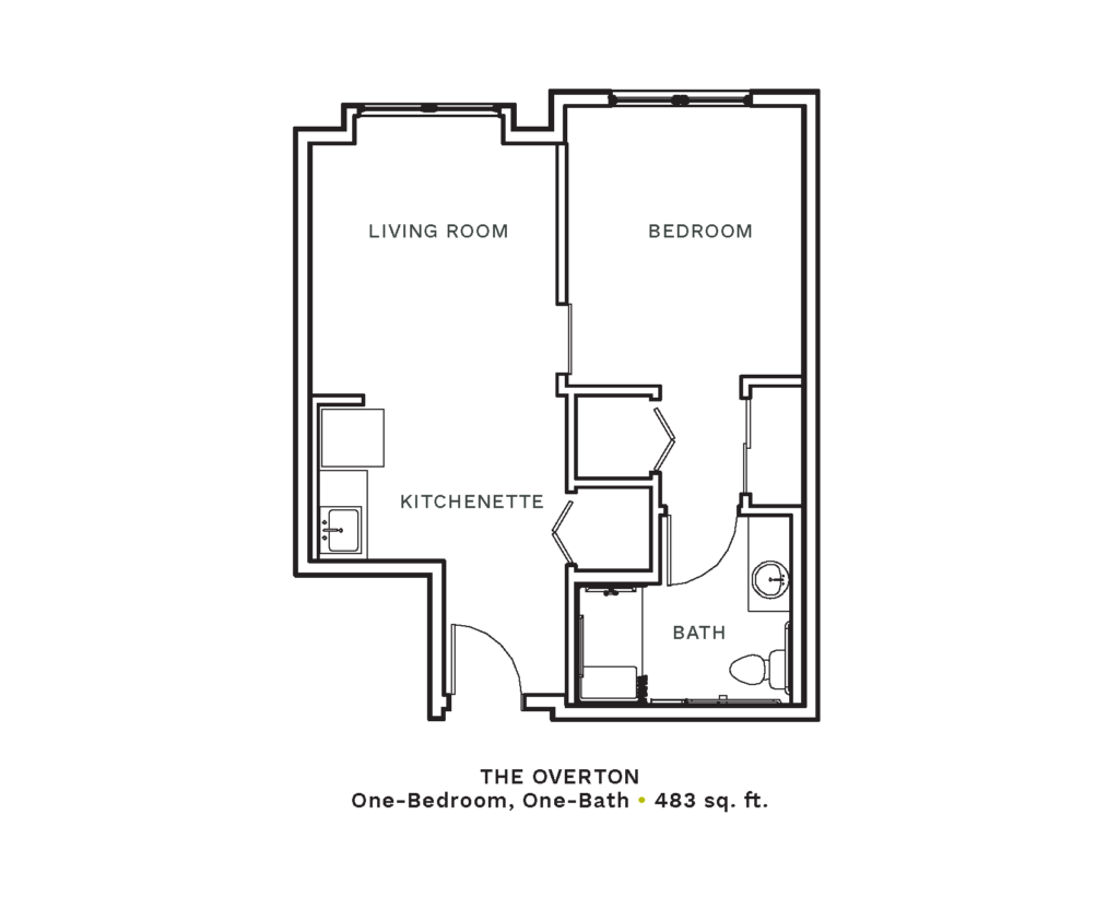 Layout of "The Overton" - one-bedroom, one-bath with 483 sq. ft.