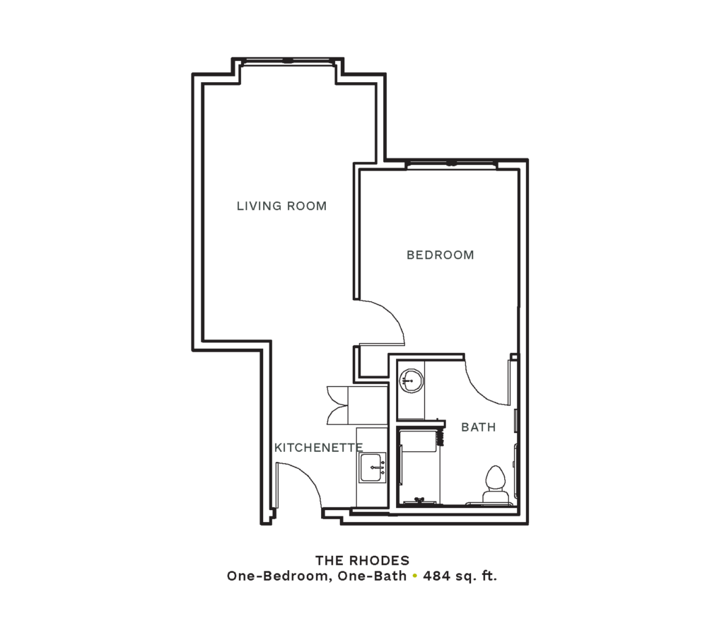 Layout of "The Rhodes" - one-bedroom, one-bath with 484 sq. ft.