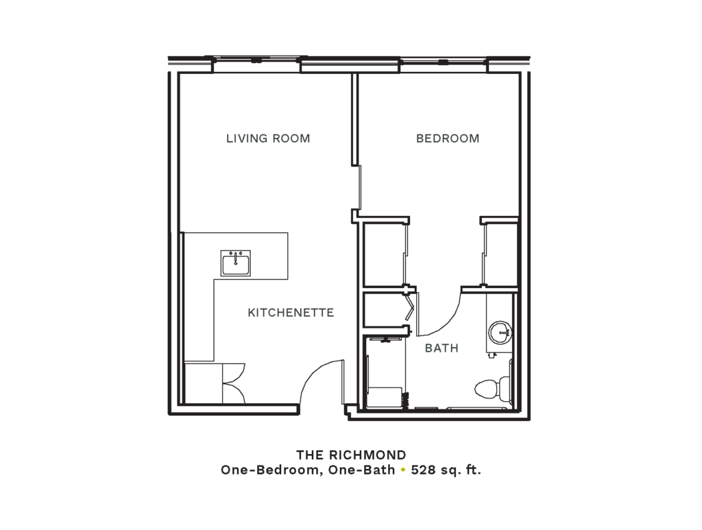 Layout of "The Richmond" - one-bedroom, one-bath with 528 sq. ft.