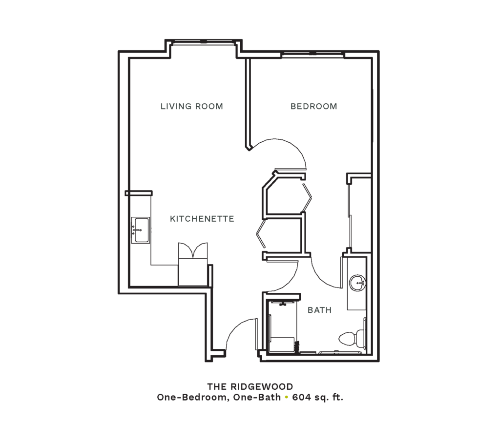Layout of "The Ridgewood" - one-bedroom, one-bath with 604 sq. ft.
