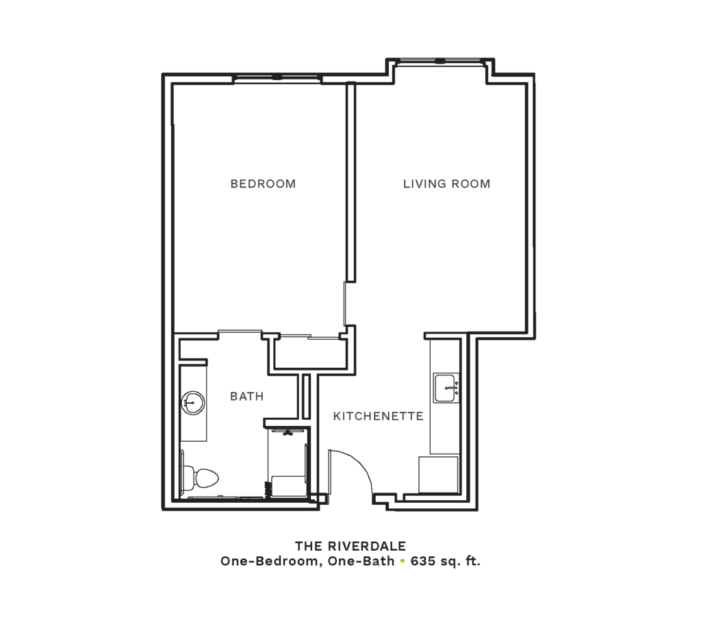Layout of "The Riverdale" - one-bedroom, one-bath with 635 sq. ft.