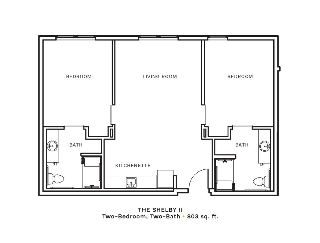 Layout of "The Shelby II" - two-bedroom, two-bath with 803 sq. ft.