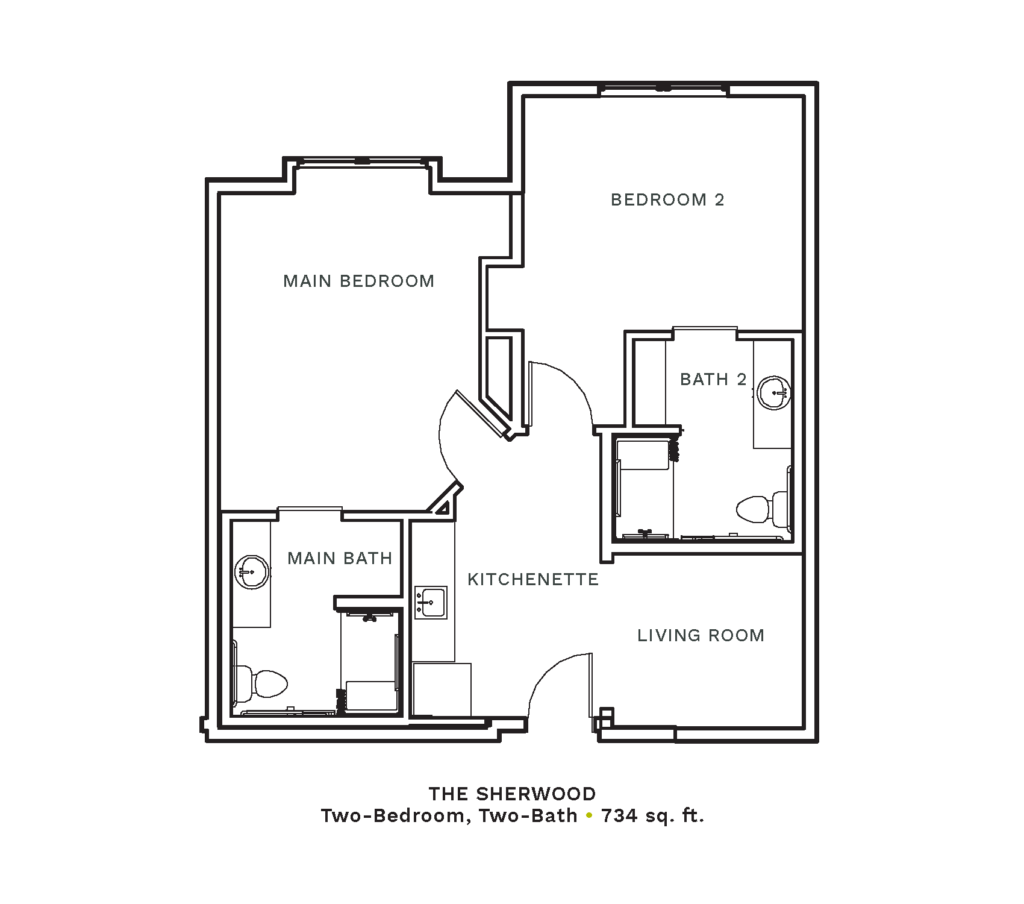 Layout of "The Sherwood" - two-bedroom, two-bath with 734 sq. ft.