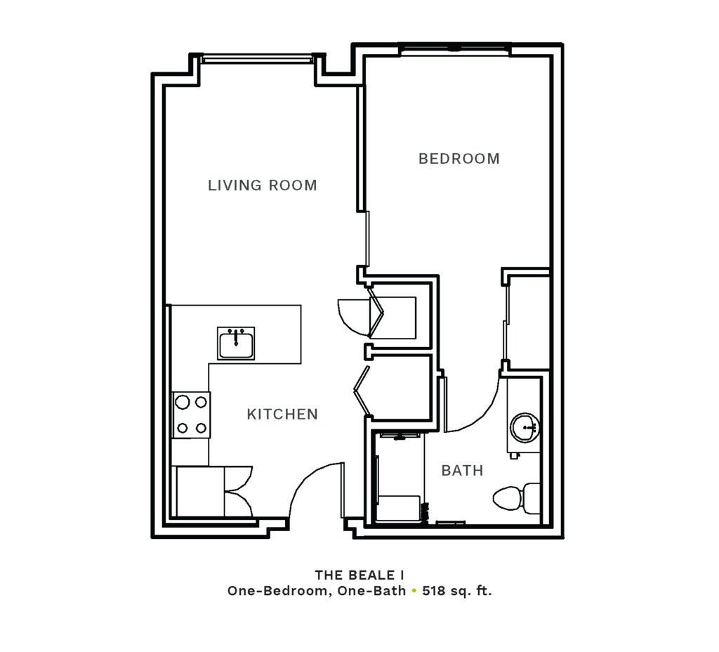Layout of "The Beale I" - one-bedroom, one-bath with 518 sq. ft.