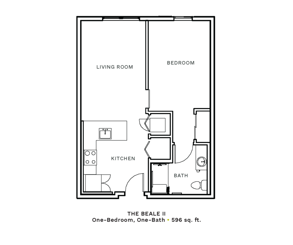 Layout of "The Beale II" - one-bedroom, one-bath with 596 sq. ft.