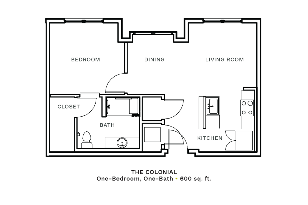 Layout of "The Colonial" - one-bedroom, one-bath with 600 sq. ft.