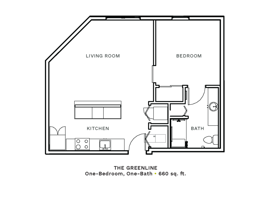 Layout of "The Greenline" - one-bedroom, one-bath with 660 sq. ft.