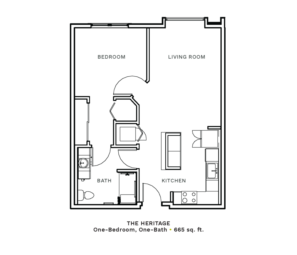 Layout of "The Heritage" - one-bedroom, one-bath with 665 sq. ft.