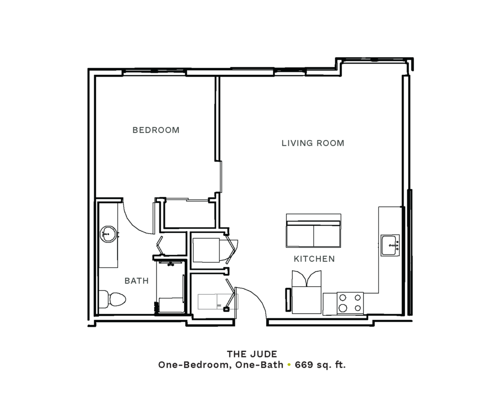 Layout of "The Jude" - one-bedroom, one-bath with 669 sq. ft.