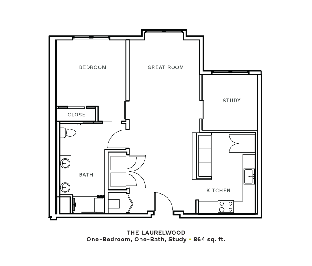 Layout of "The Laurelwood" - one-bedroom, one-bath with 864 sq. ft.