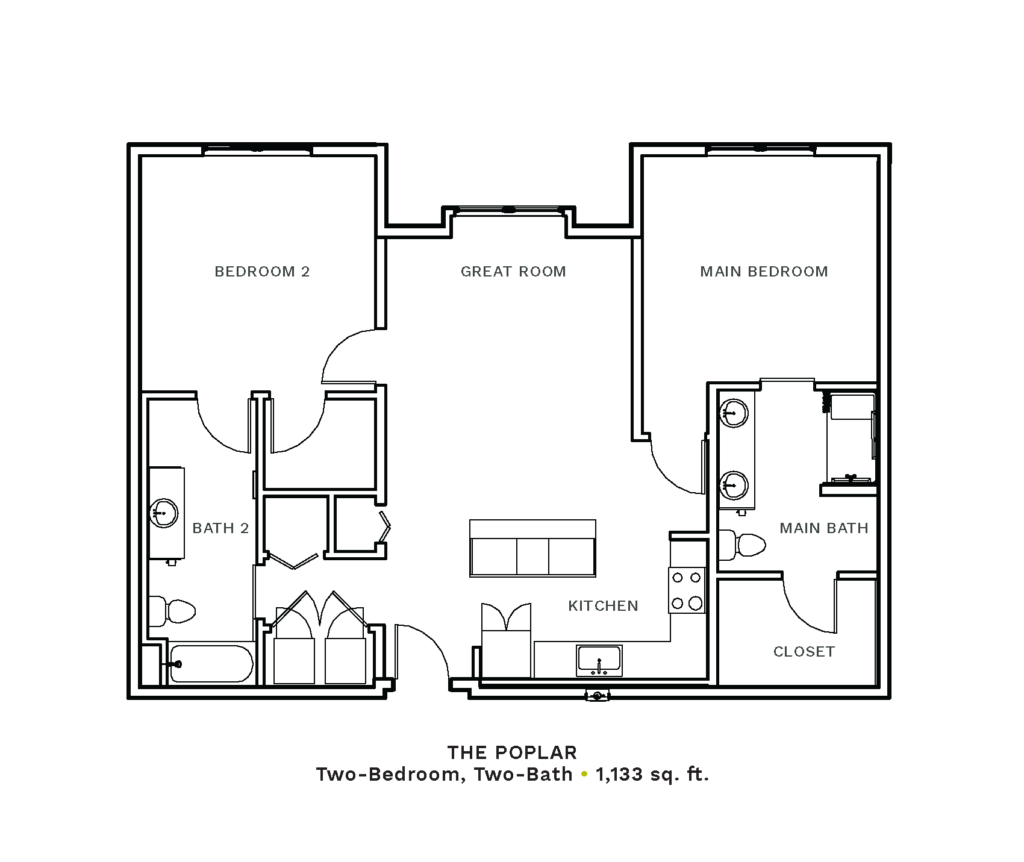 Layout of "The Poplar" - two-bedroom, two-bath with 1,133 sq. ft.