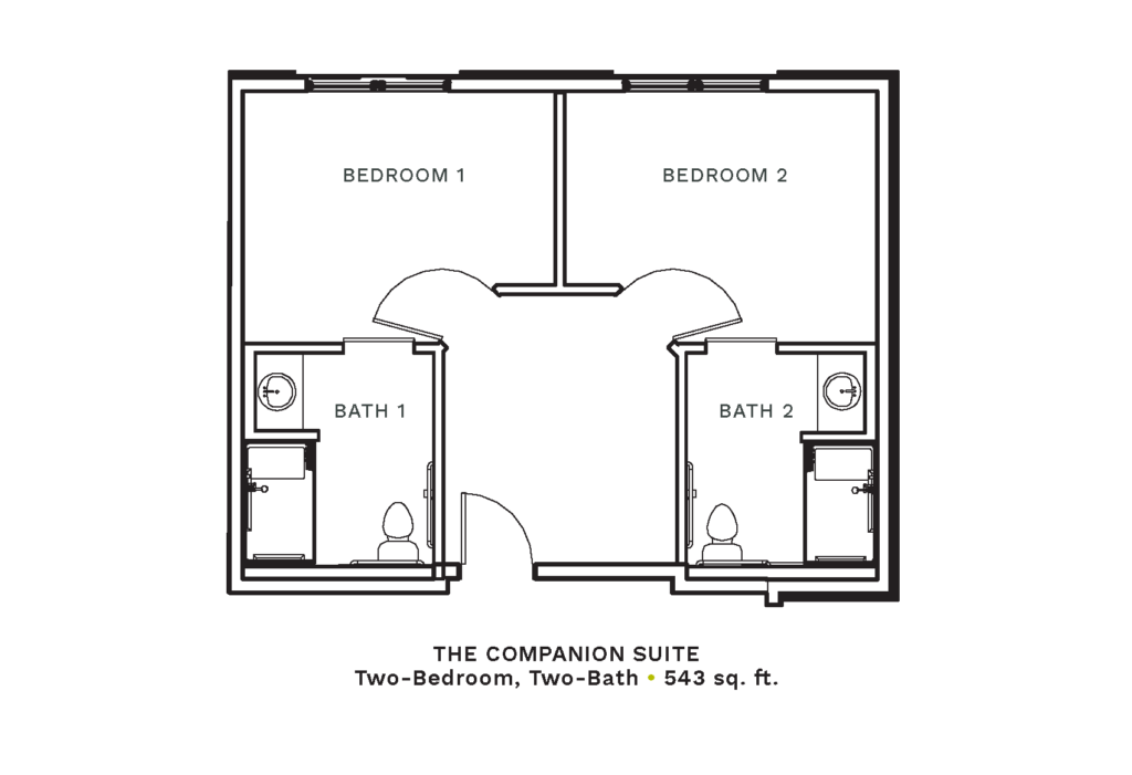 Layout of "The Companion Suite" - two-bedroom, two-bath with 543 sq. ft.