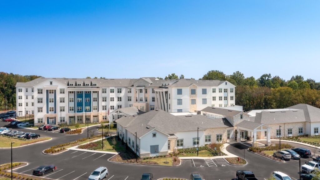 Aerial shots of The Summit of Germantown's front entrance and parking lot.