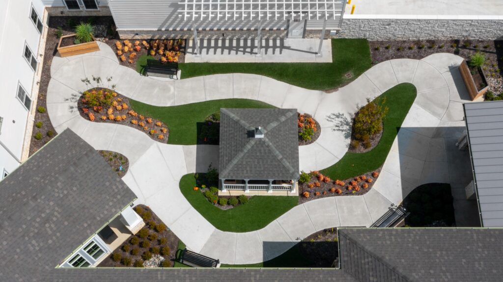 Aerial view of The Summit of Germantown private courtyard with walking paths and a gazebo.