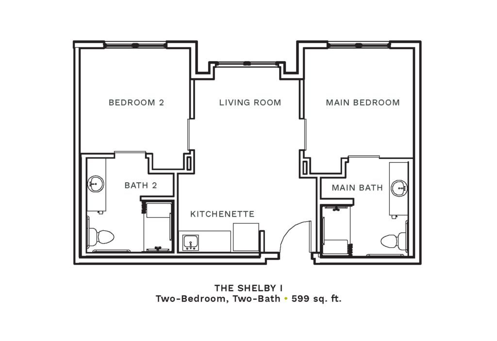 Layout of "The Shelby I" - two-bedroom, two-bath with 599 sq. ft.