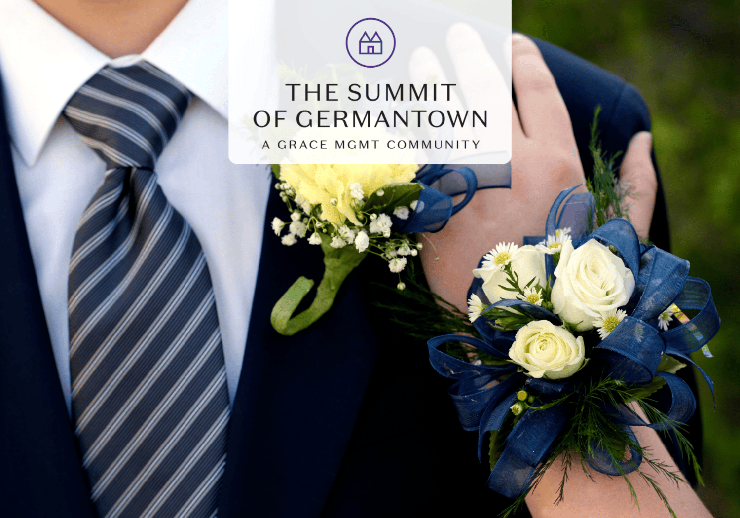 Groom in a navy suit with a striped tie and a yellow boutonniere, beside a guest's white rose corsage with blue ribbon on the arm.