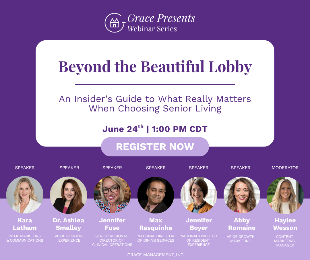 Promotional poster for Grace Presents Webinar Series: "Beyond the Beautiful Lobby" with date June 24, 1:00 PM CDT and a prominent Register Now button; features headshots and titles of seven speakers and a moderator.