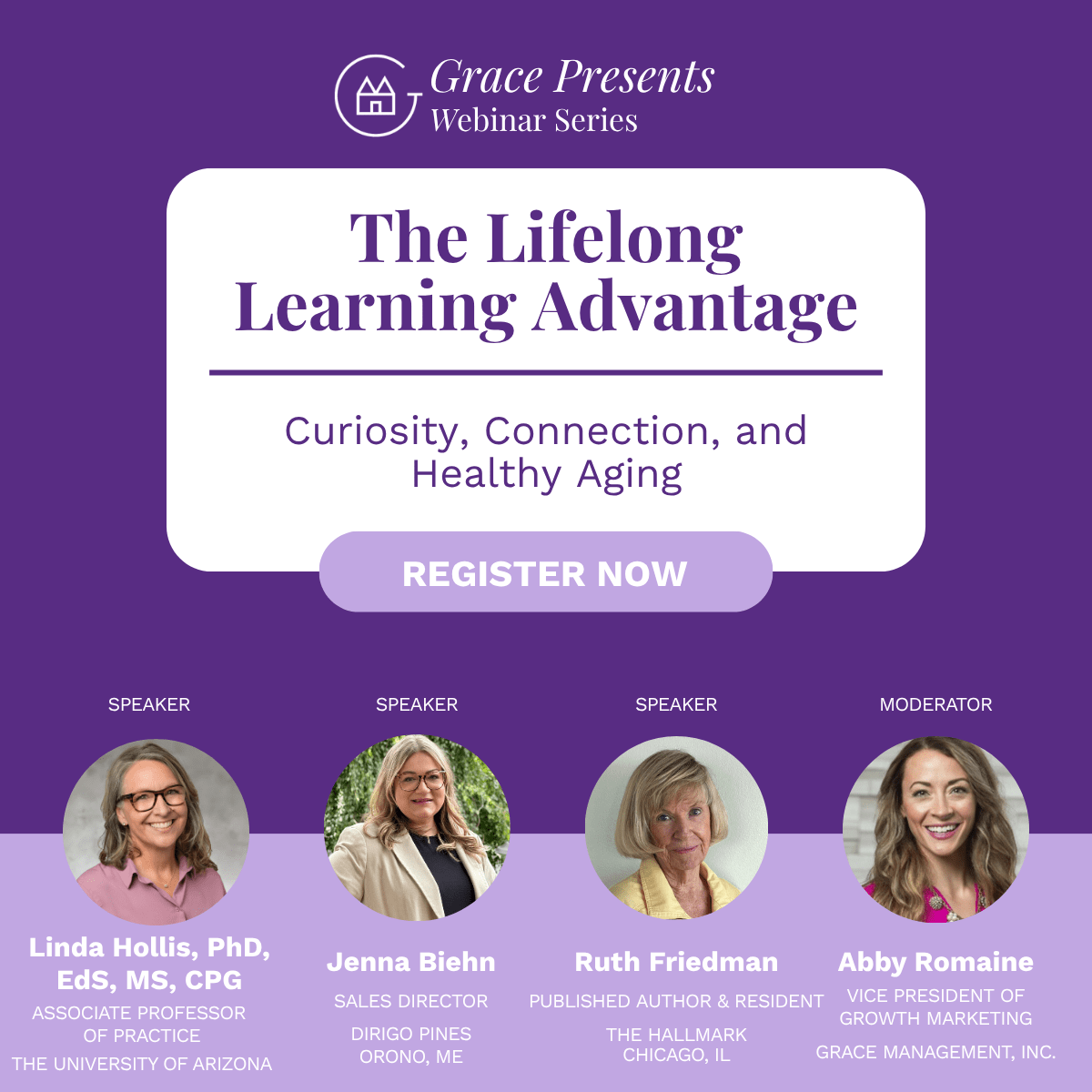 Promo banner for Grace Presents Webinar Series: The Lifelong Learning Advantage with a Register Now button.